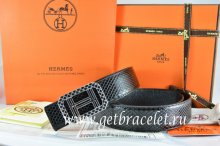 Hermes Reversible Belt Black/Black Snake Stripe Leather With 18K Silver Lace Strip H Buckle
