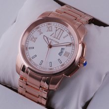 Calibre de Cartier quartz pink gold replica watch for men white dial