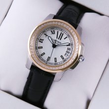 Calibre de Cartier diamond womens watch silver dial two-tone pink gold and steel black leather strap