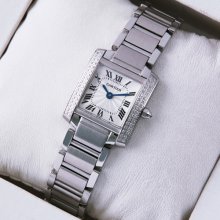 Cartier Tank Francaise 18K white gold swiss womens watch with two rows diamonds bezel