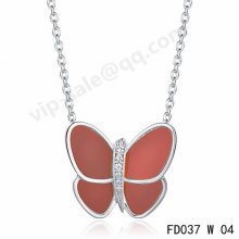 Fake Van Cleef & Arpels Butterfly Pendant In White Gold With Pink Coral