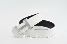 Hermes Reversible Belt White/Black Classics H Togo Calfskin With 18k Silver With Logo Buckle