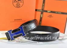 Hermes Reversible Belt Black/Black Crocodile Stripe Leather With18K Blue Narrow H Buckle
