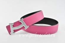 Hermes Reversible Belt Pink/Black Fashion H Togo Calfskin With 18k Silver Buckle