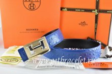 Hermes Reversible Belt Blue/Black Ostrich Stripe Leather With 18K Gold Big H Buckle