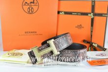 Hermes Reversible Belt Brown/Black Snake Stripe Leather With 18K Gold Plates Strip H Buckle
