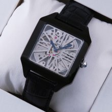 Cartier Santos Dumont Skeleton mens watch replica black PVD and leather strap