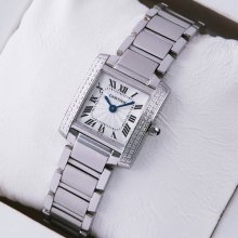 Cartier Tank Francaise steel womens replica watch with two rows diamonds on bezel
