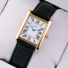 Must de Cartier Vermeil midsize swiss watch 18K yellow gold black leather strap