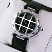Pasha de Cartier cage design swiss watch for men steel black leather strap