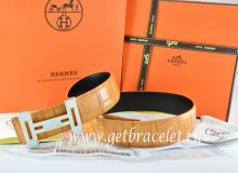 Hermes Reversible Belt Orange/Black Crocodile Stripe Leather With18K White Gold With Logo H Buckle