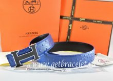 Hermes Reversible Belt Blue/Black Ostrich Stripe Leather With 18K Black Gold Width H Buckle