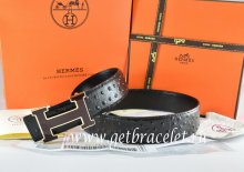Hermes Reversible Belt Black/Black Ostrich Stripe Leather With 18K Black Silver Width H Buckle