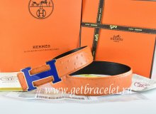 Hermes Reversible Belt Orange/Black Ostrich Stripe Leather With 18K Blue Gold Width H Buckle