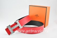 Hermes Reversible Belt Red/Black Togo Calfskin With 18k Silver Speckle H Buckle