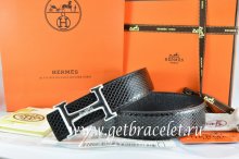 Hermes Reversible Belt Black/Black Snake Stripe Leather With 18K Silver Idem With Logo Buckle