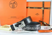 Hermes Reversible Belt Black/Black Snake Stripe Leather With 18K Silver Coach Buckle
