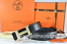 Hermes Reversible Belt Black/Black Snake Stripe Leather With 18K Gold Plates Strip H Buckle