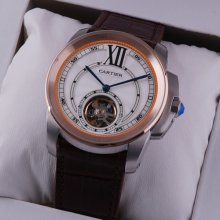 Calibre de Cartier Flying Tourbillon mens watch two-tone pink gold and steel brown leather strap