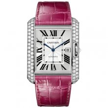 Cartier Tank Anglaise extra large diamond watch WT100023 18K white gold fuschia leather strap