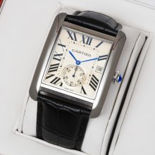 Cartier Tank MC swiss quartz watch for men steel silver dial black leather strap