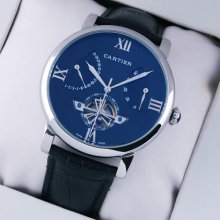 Rotonde de Cartier tourbillon blue dial replica watch for men steel black leather strap