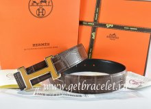 Hermes Reversible Belt Brown/Black Crocodile Stripe Leather With18K Yellow Silver H Buckle