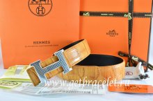 Hermes Reversible Belt Orange/Black Crocodile Stripe Leather With18K Silver Wave Stripe H Buckle