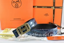 Hermes Reversible Belt Blue/Black Crocodile Stripe Leather With18K Gold Lace Strip H Buckle