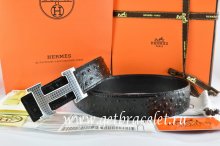 Hermes Reversible Belt Black/Black Ostrich Stripe Leather With 18K Silver Wave Stripe H Buckle