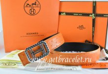 Hermes Reversible Belt Orange/Black Ostrich Stripe Leather With 18K Silver Lace Strip H Buckle