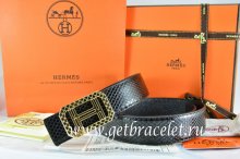 Hermes Reversible Belt Black/Black Snake Stripe Leather With 18K Gold Lace Strip H Buckle