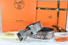 Hermes Reversible Belt Brown/Black Snake Stripe Leather With 18K Silver Wave Stripe H Buckle