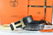 Hermes Reversible Belt Black/Black Snake Stripe Leather With 18K Gold Brushed Prints H Buckle