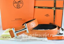 Hermes Reversible Belt Orange/Black Ostrich Stripe Leather With 18K Silver Idem Buckle
