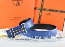 Hermes Reversible Belt Blue/Black Ostrich Stripe Leather With 18K Black Silver Narrow H Buckle