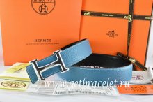 Hermes Reversible Belt Blue/Black Togo Calfskin With 18k Silver Smooth H Buckle