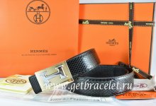 Hermes Reversible Belt Black/Black Snake Stripe Leather With 18K Gold Big H Buckle