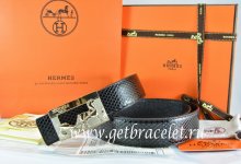 Hermes Reversible Belt Black/Black Snake Stripe Leather With 18K Gold Coach Buckle