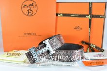 Hermes Reversible Belt Brown/Black Snake Stripe Leather With 18K Silver Spot Stripe H Buckle
