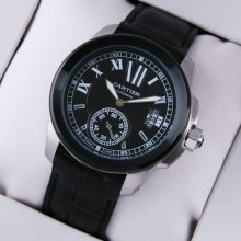 Calibre de Cartier black automatic mens watch replica with leather strap