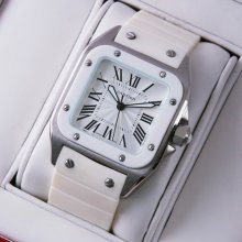 Cartier Santos 100 midsize watch replica stainless steel white rubber strap