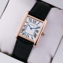 Cartier Tank Solo large swiss mens watch replica 18K pink gold black leather strap