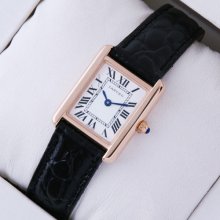 Cartier Tank Solo small swiss watch replica 18K pink gold black leather strap