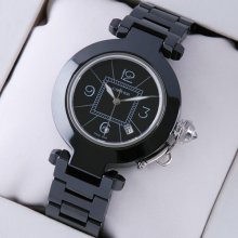 Pasha de Cartier large black ceramic unisex watch replica steel black dial