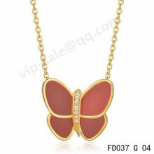 Replica Van Cleef & Arpels Butterfly Pendant In Yellow Gold With Pink Coral