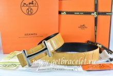 Hermes Reversible Belt Orange/Black Crocodile Stripe Leather With18K Orange Gold Idem Buckle