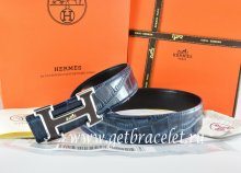 Hermes Reversible Belt Blue/Black Crocodile Stripe Leather With18K Black Silver With Logo H Buckle