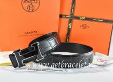 Hermes Reversible Belt Black/Black Crocodile Stripe Leather With18K Black Silver Width H Buckle