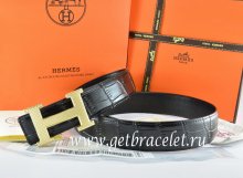 Hermes Reversible Belt Black/Black Crocodile Stripe Leather With18K Gold Wave Stripe H Buckle